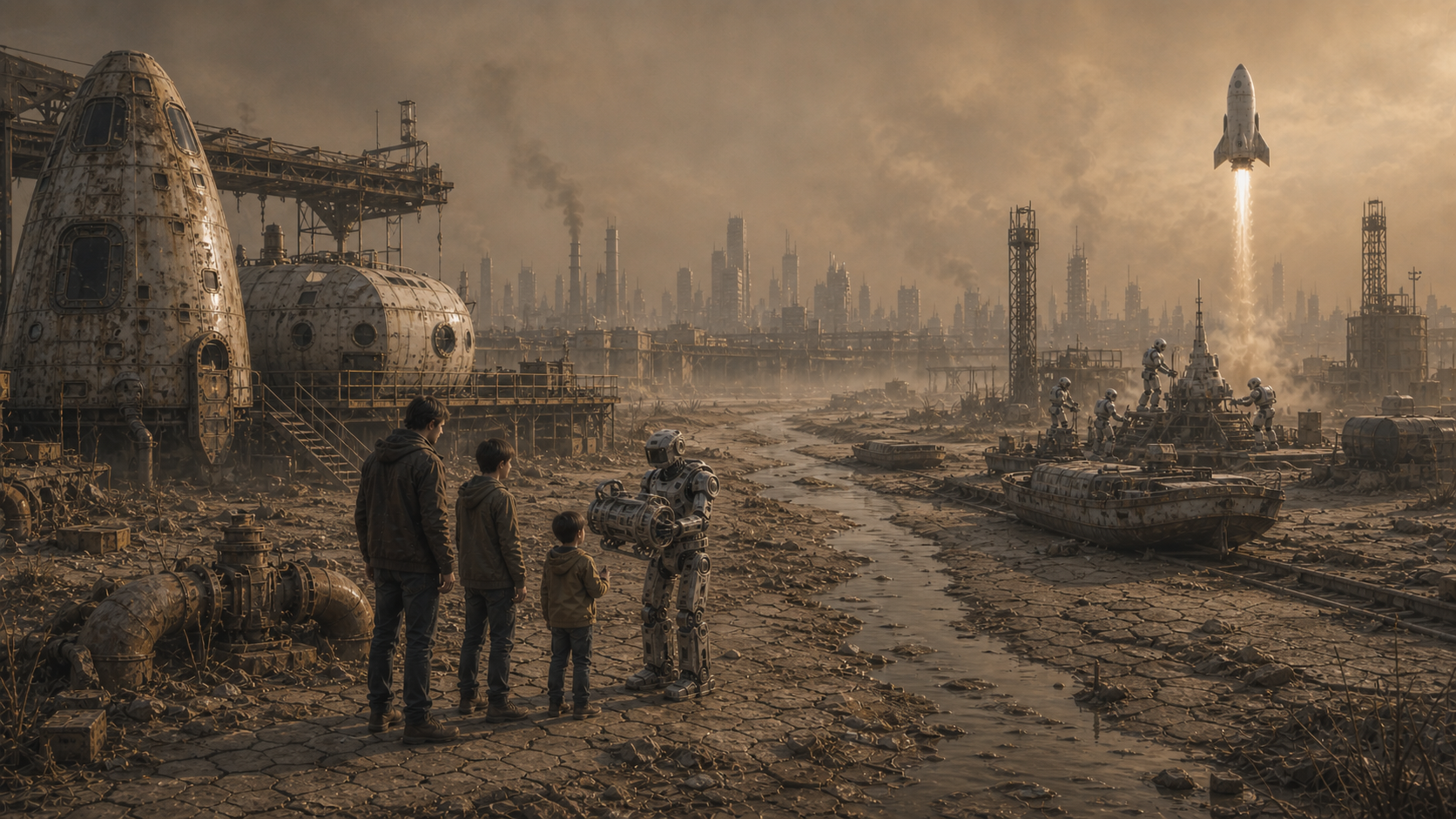 A family and a robot watching humanity struggle to leave a depleted, industrial Earth