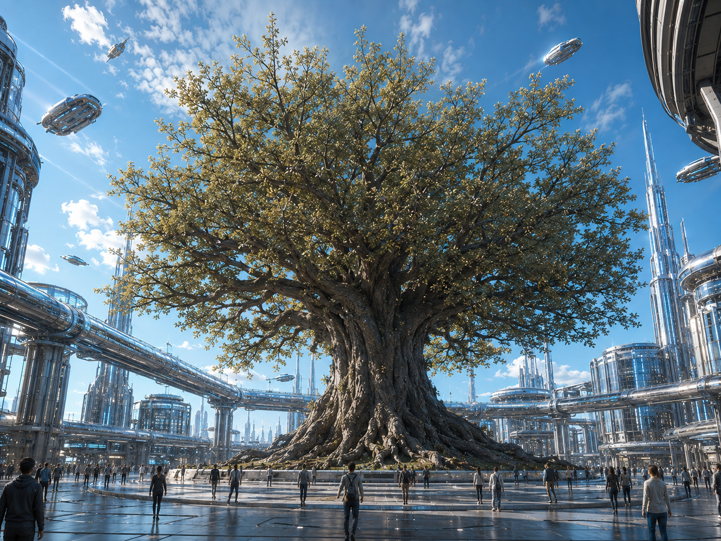 The last living tree rising above a pristine technological city in Gaia Lost