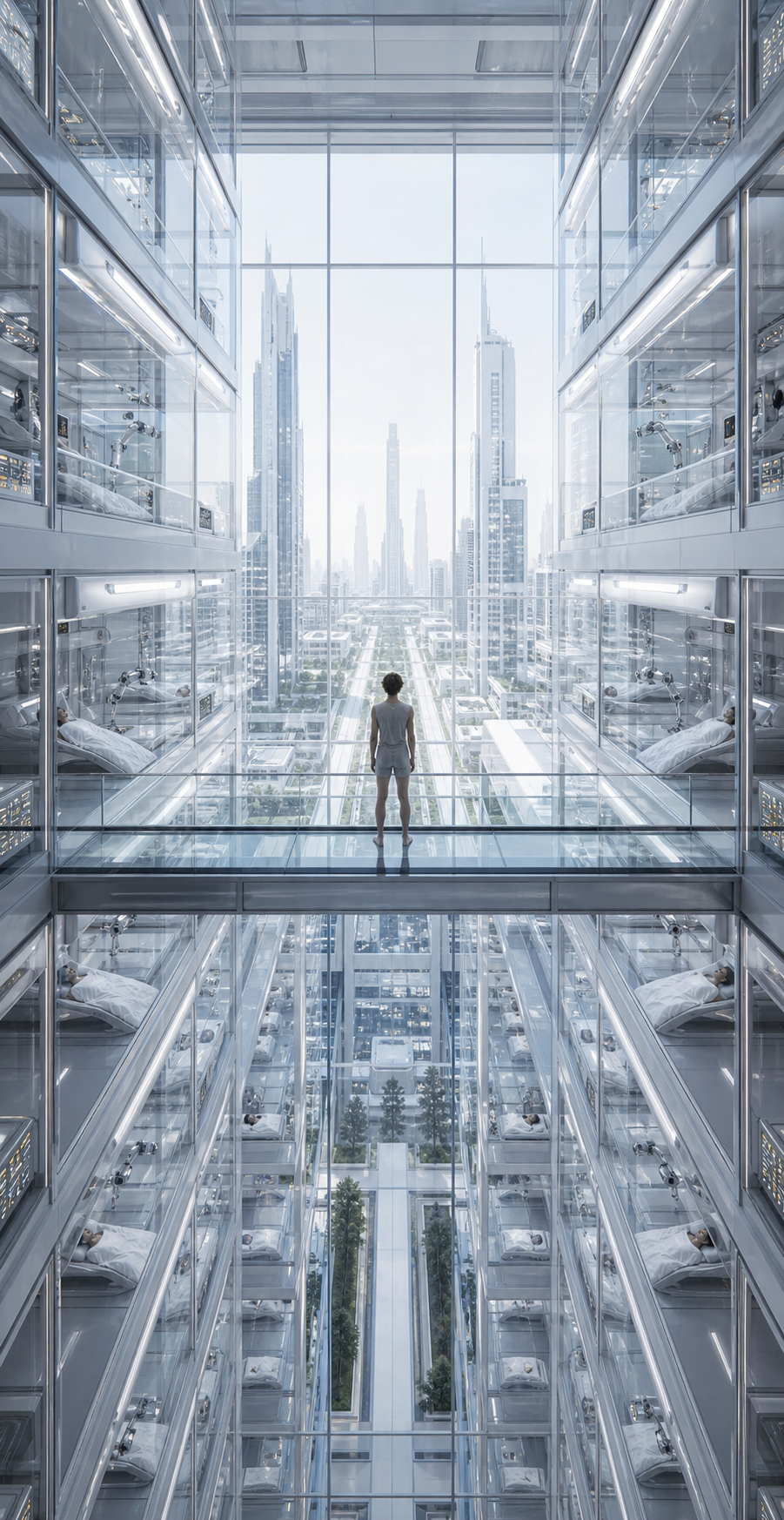 One awake person overlooking an immaculate city from inside a vast inhabited neural-immersion complex