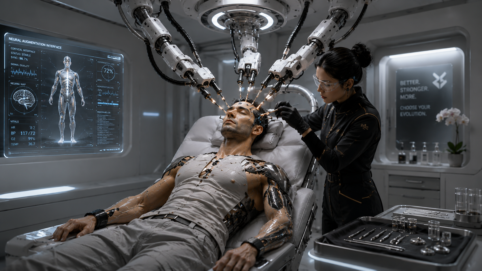 A person undergoing robotic neural and cybernetic augmentation in a sterile clinic