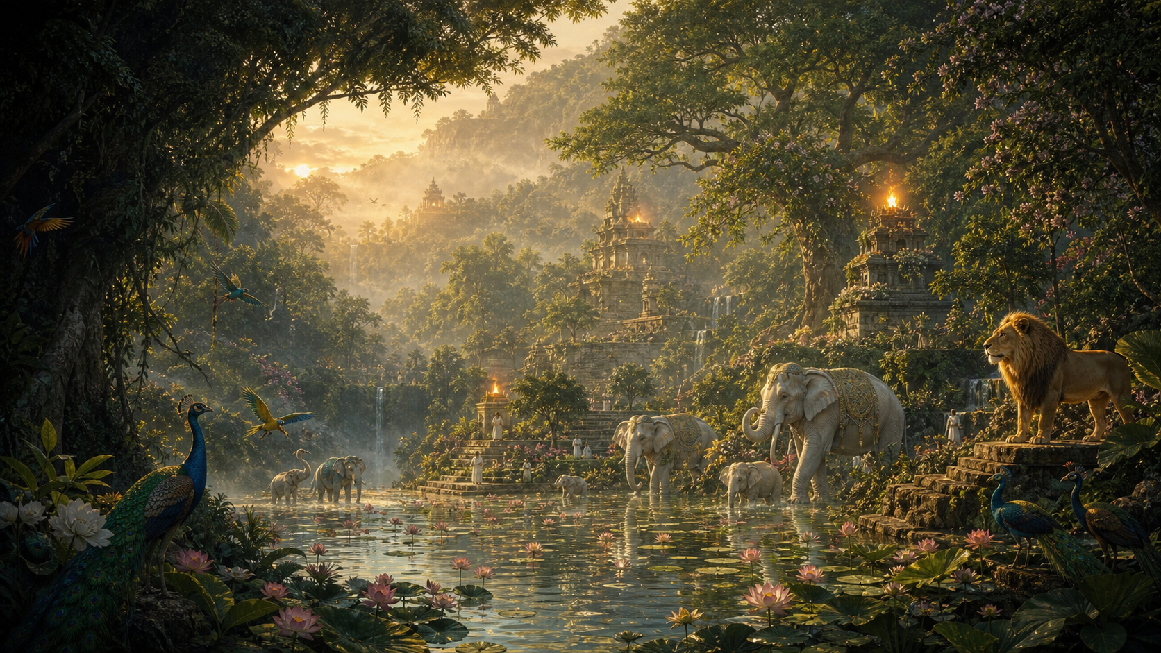 White elephants, lions and peacocks inhabit a primordial lotus valley illuminated by sacred fire