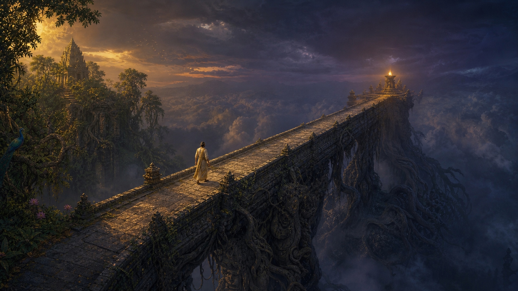 A lone traveler crosses an immense stone bridge toward a sacred flame above a cloud-filled chasm
